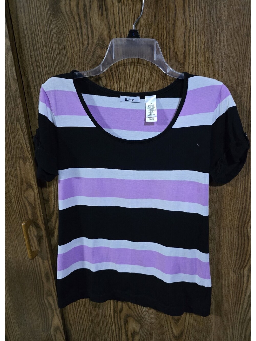 Liz & Co. Striped T-Shirt White Black Purple